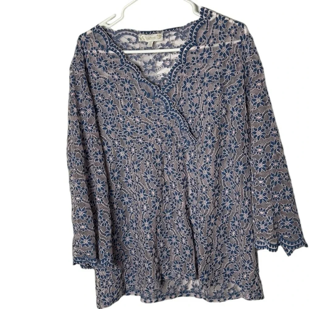 Suzanne Betro top, beach cover, 2X see thru lace top,floral,bell,scalloped hem